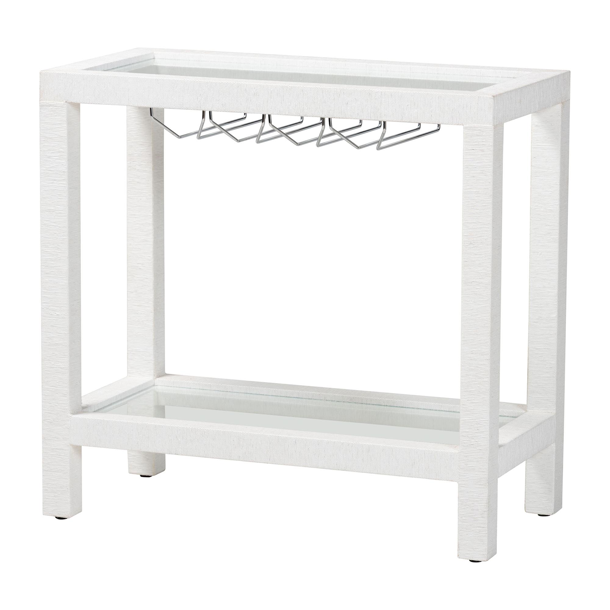 bali & pari Oaklynn Natural Grasscloth Wine Rack - Two-Tier Bar Table with Glass Shelves and Stemware Rack, Modern Coastal Console for Living Room or Dining Room, White